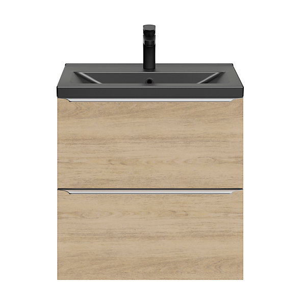 Meuble vasque suspendu faible profondeur effet chêne l.60 cm Imandra   plan vasque noir céramique Nira, GoodHome