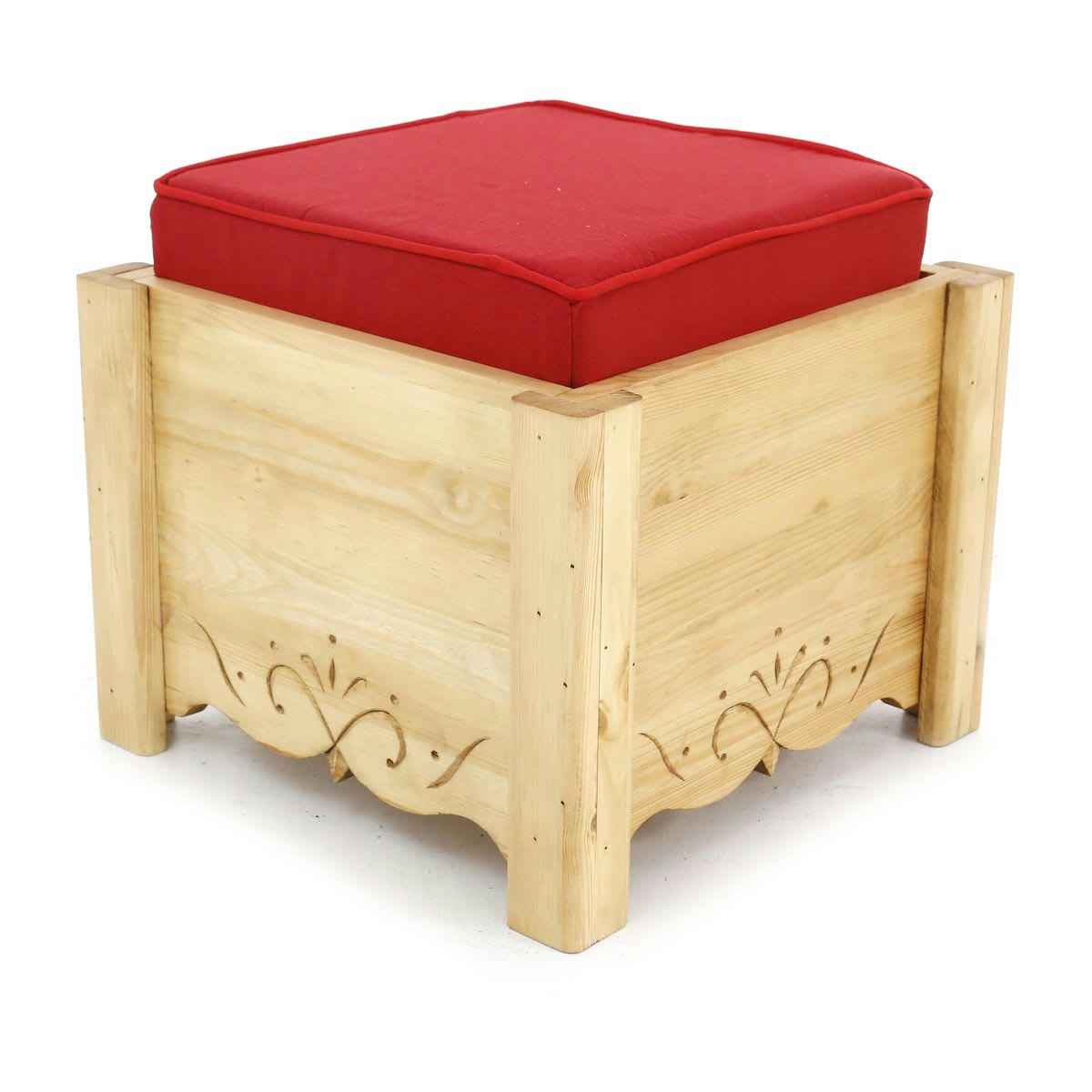 DAHU - Pouf coffre de rangement pin massif sculpté Liso rouge Aspin