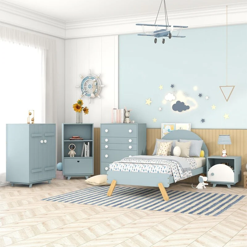 5-Pieces Bedroom Sets Twin Size Wood Platform Bed with Nightstand and Storage Dresser