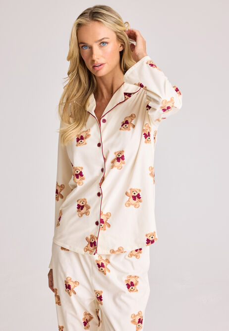 Womens Cream Teddy Print Family Pyjama