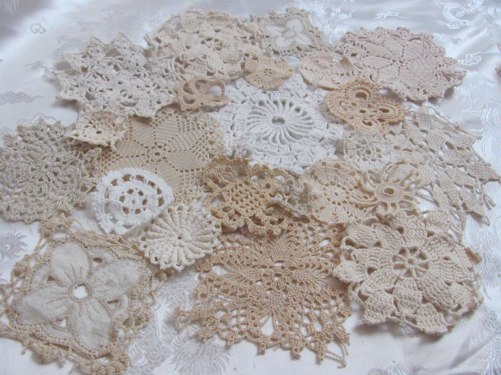 Lot of 22 Vintage Crochet Doilies Assorted Sizes Shapes - Rescued Recycled Crafts Applique Lace Slow Stitch Junk Journal Crocheted Doily