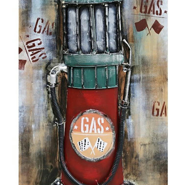 MÉTAL BRASS - Tableau relief en métal pompe à essence vintage 120x60
