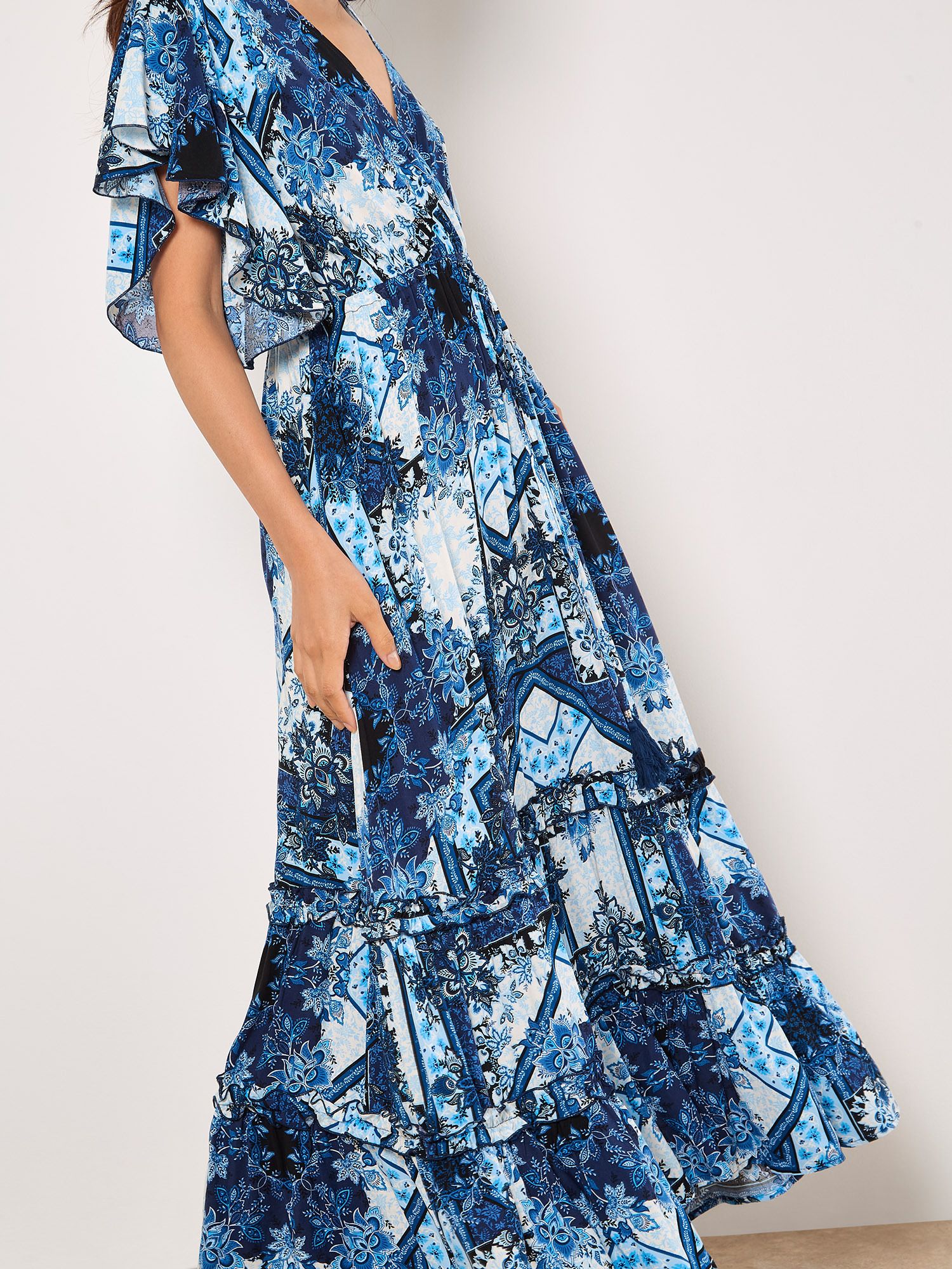 Apricot Patchwork Ruffle Tiered Midi Dress
