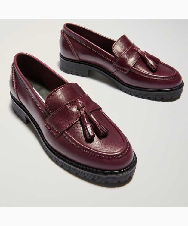 Gracelyn Burgundy - Wide Fit Cleated Sole Leather Tassel Trim Loafers