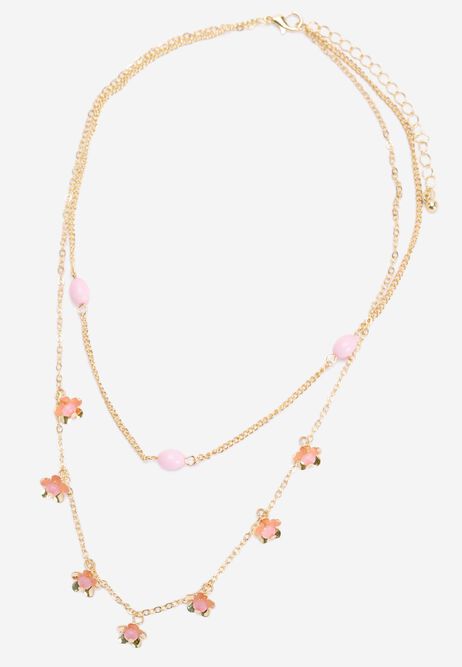 Womens Gold Double Row Pink Flower Necklace