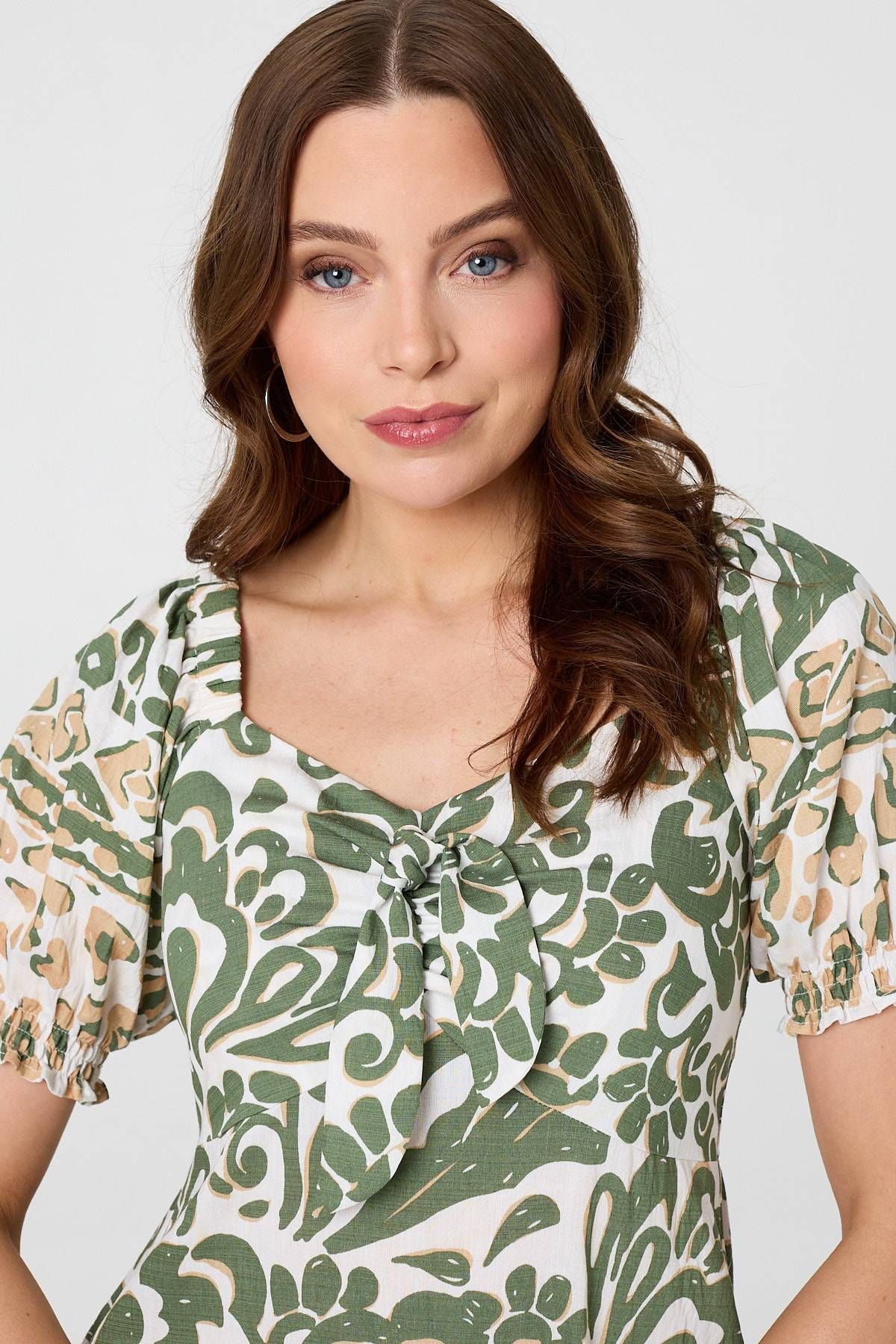 Izabel London Printed Tie Front Puff Sleeve Midi Dress