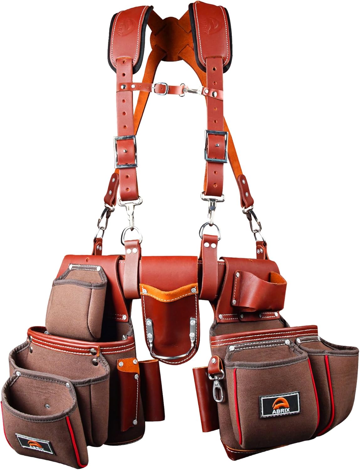 ABRIX Heavy Duty Nylon & Leather Tool Belt for Men Framing Rig Carpenter Tool Belt with Suspender Padded construction belt pauchas construccion (Extra Large, Tool Belt) (Dark Brown, with Suspender)
