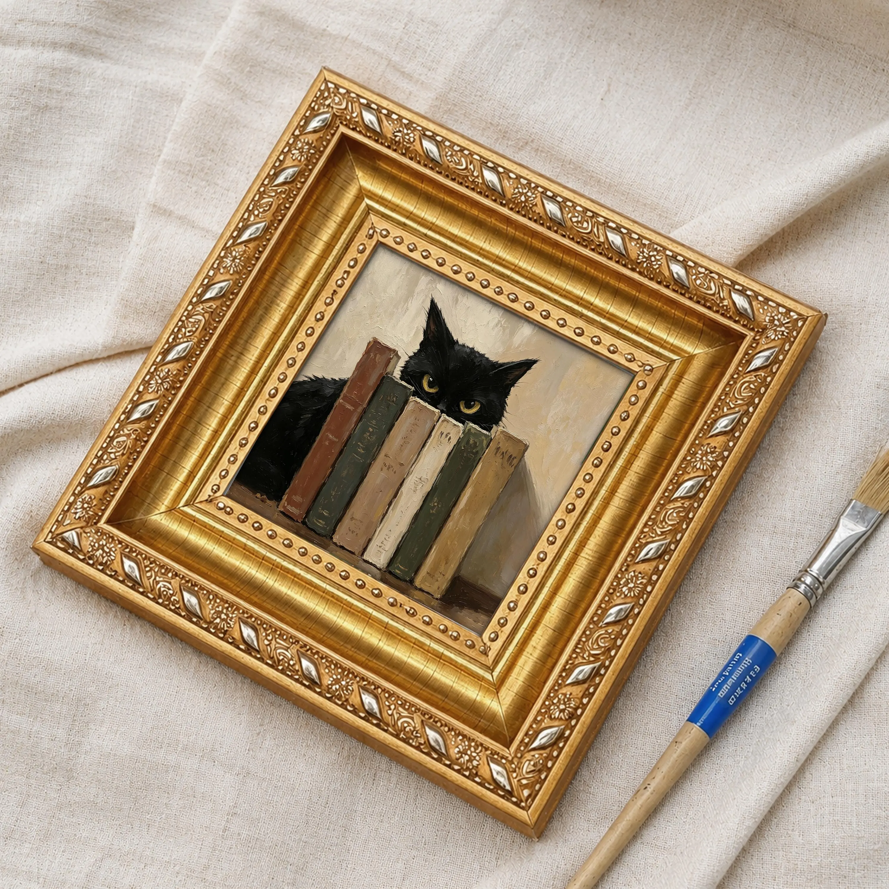 Small Black Cat Painting, Mini Hand Painted Oil Painting on Canvas, Cute Cat Art, Small Framed Cat Artwork, Unique Gift for Pet Lovers