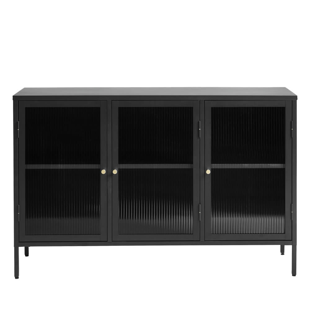 BJORN - Buffet 3 portes en verre strié et métal L132cm noir