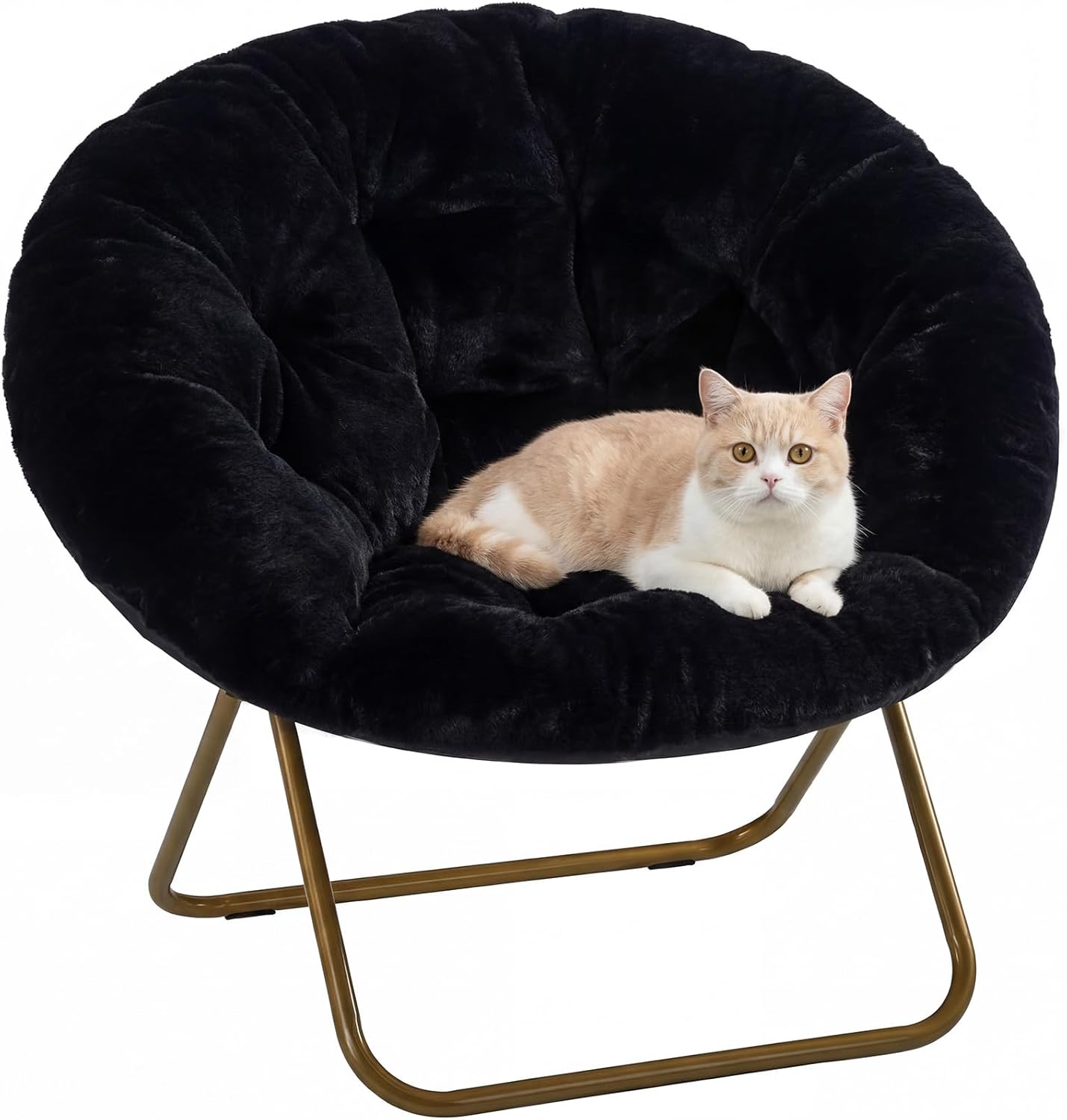 DUMOS Comfy Saucer Chairs Cozy Faux Fur Soft Lounge Cute Folding Bedroom Living Room Seat Flexible Reading Foldable Seating for Kids Adults Thick Padded Metal Frame Modern for Home Office, Black