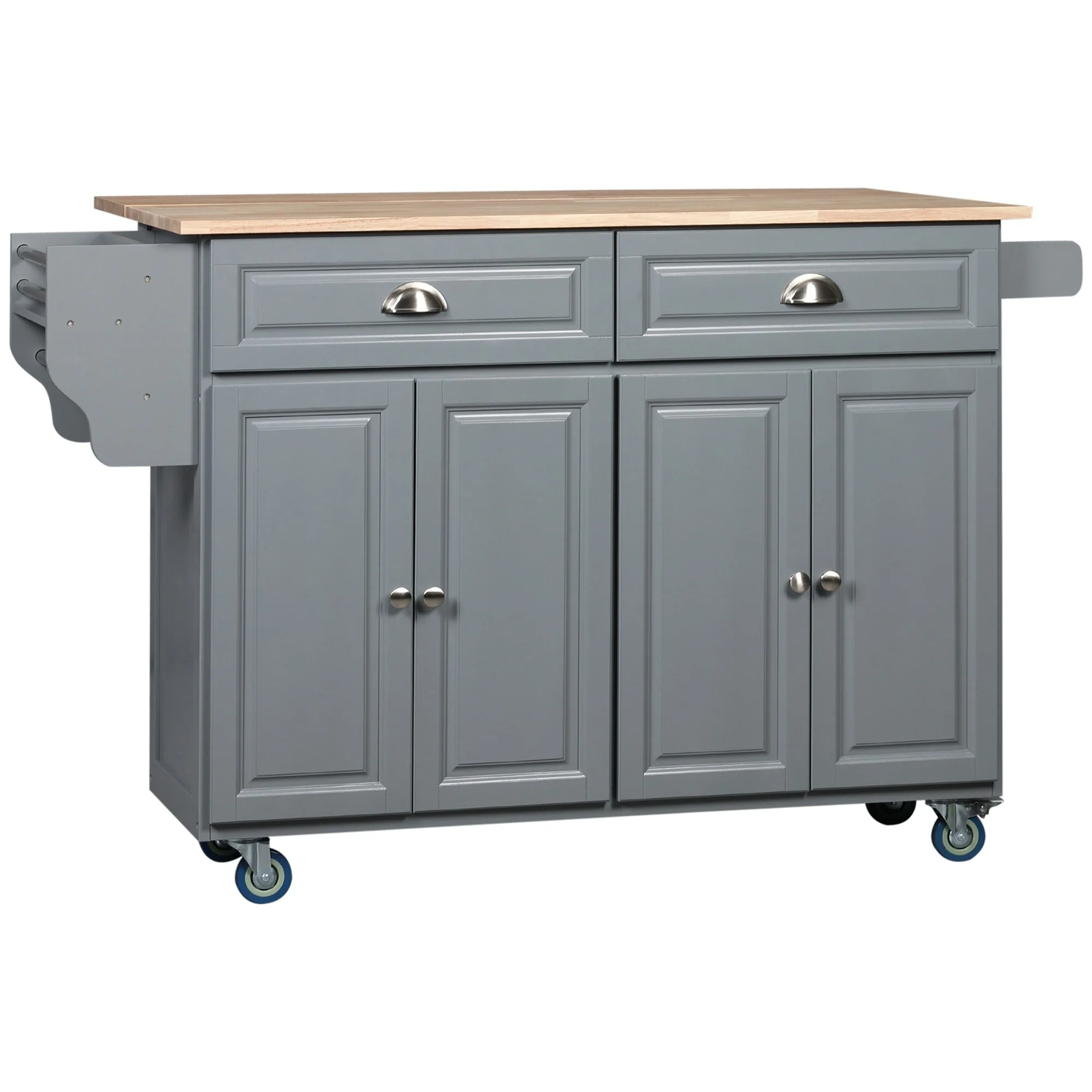HOMCOM Rolling Kitchen Island on Wheels Utility Cart with Drop-Leaf and Rubber Wood Countertop, Storage Drawers, Dark Grey