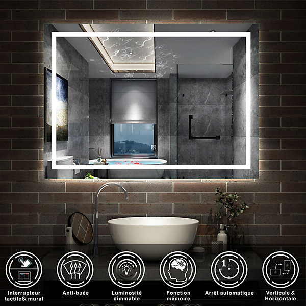 Ensemble meuble de Salle de Bain Suspendu 100cm avec lavabo à poser   Colonne   Miroir LED Dimmable