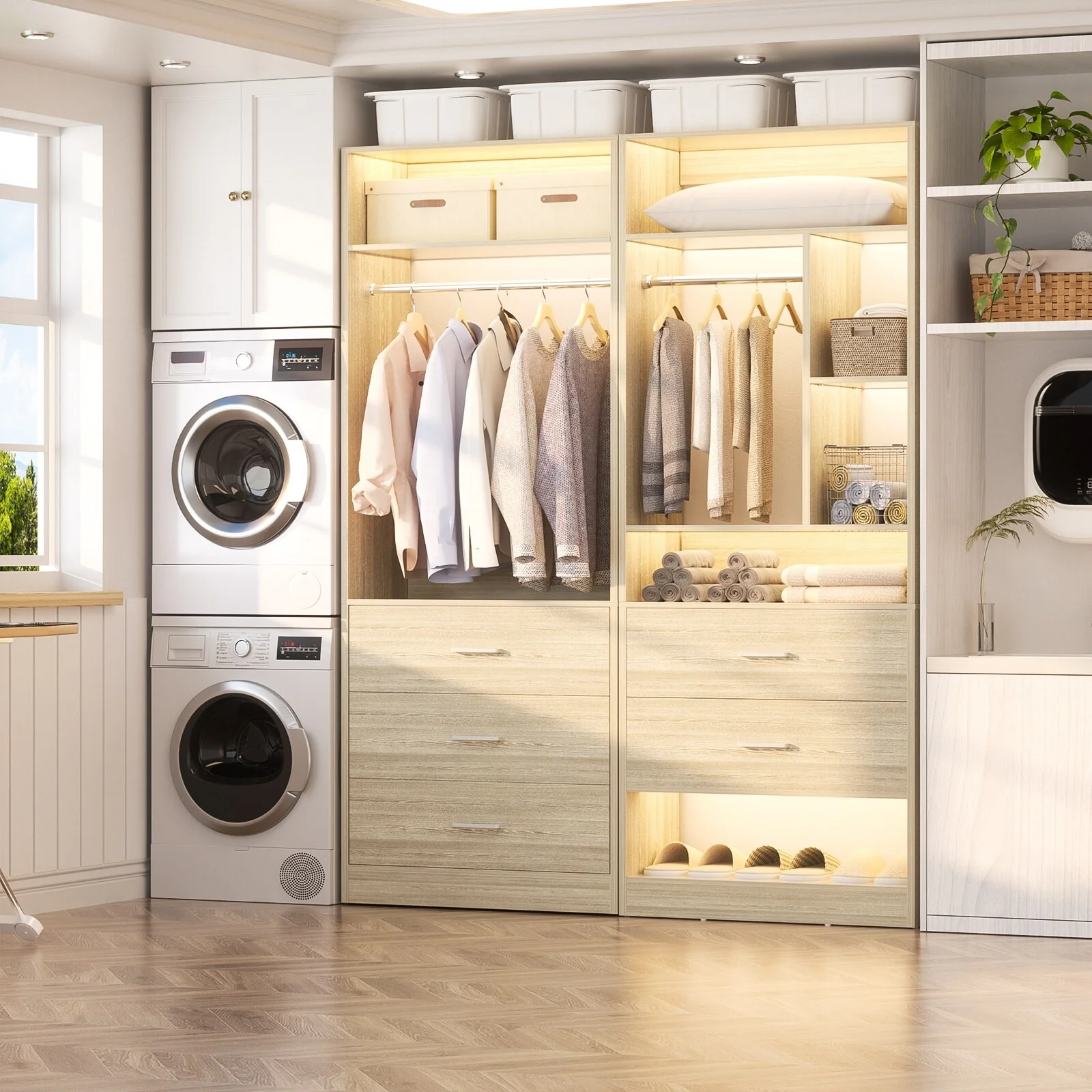 Kyrvo 48''W Set of 2 Freestanding Closet System with 5 Drawers ＆ 2 Hanging Rods,Reversible Wardrobe for Walk-in/Reach-in Closet