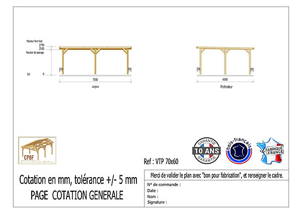 Carport toit plat, 700cmx600cm, bois DOUGLAS Français(Charpente en bois-auvent-abri voiture) 42 m². Garantie 10 ans
