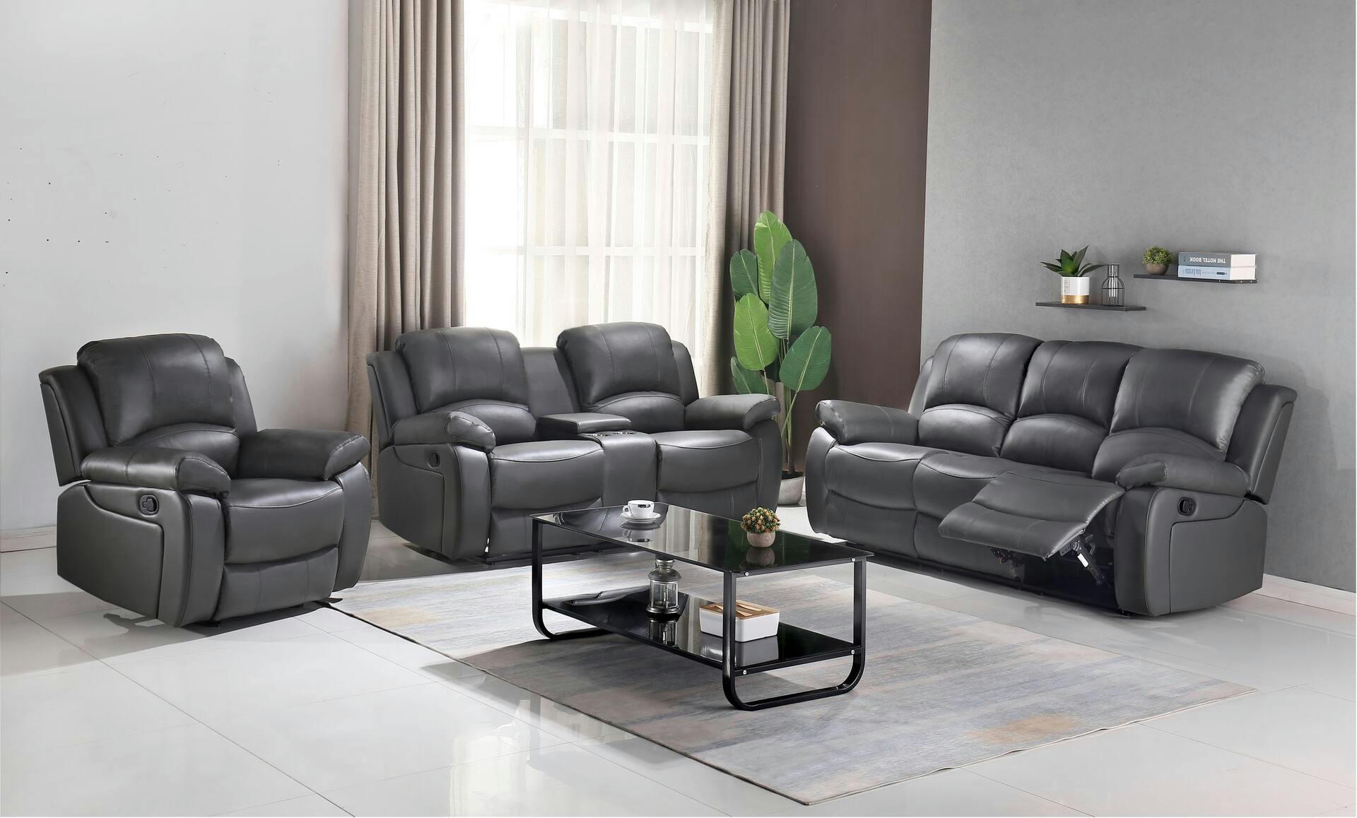 Brassex Recliner Sofa with Dropdown Tray, Grey