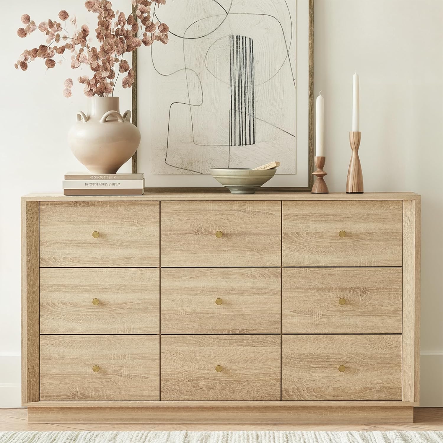 9 Drawer Dresser, Mid Century Modern Dresser with Storage, 55 Wide Chest of Drawers with Wood Grain Texture, Dressers TV Stand for Bedroom, Living Room, Hallway, White Oak