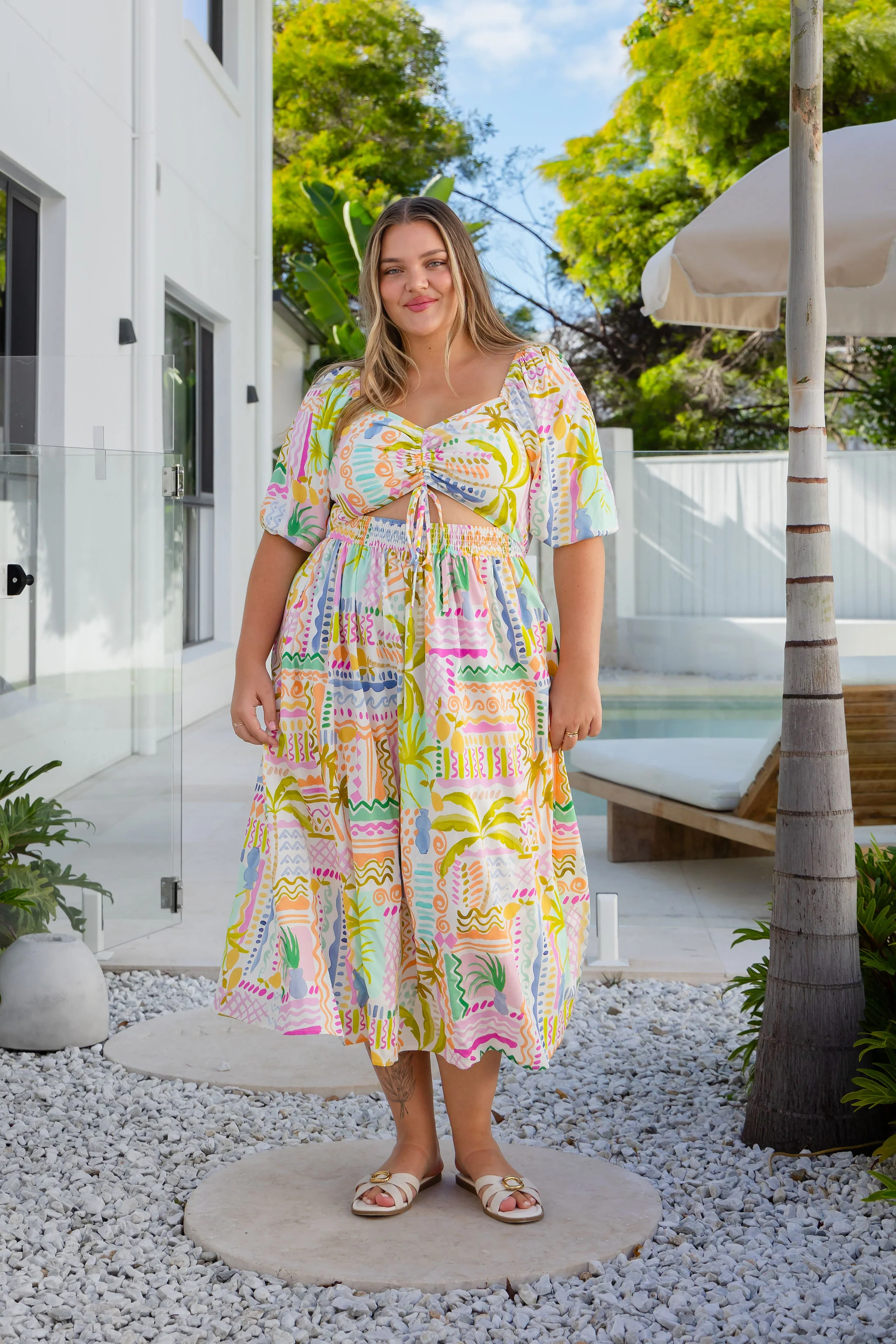 Pippa Linen Blend Cut Out Dress in Palma