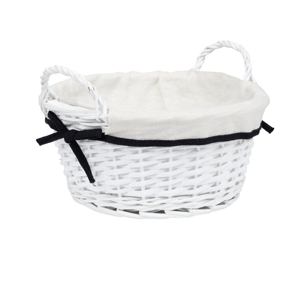 Panière ronde en bois tressé doublure tissu blanc noeud noir Ø30xH14cm
