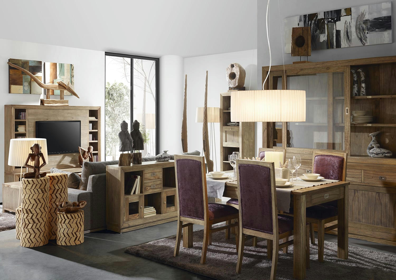 MERAPI - Buffet en bois de mindi beige 4 tiroirs 3 plateaux  L160