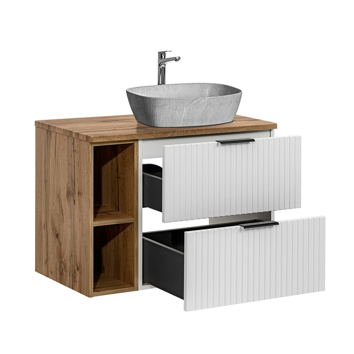 - Meuble simple vasque effet pierre 80cm 2 niches blanc