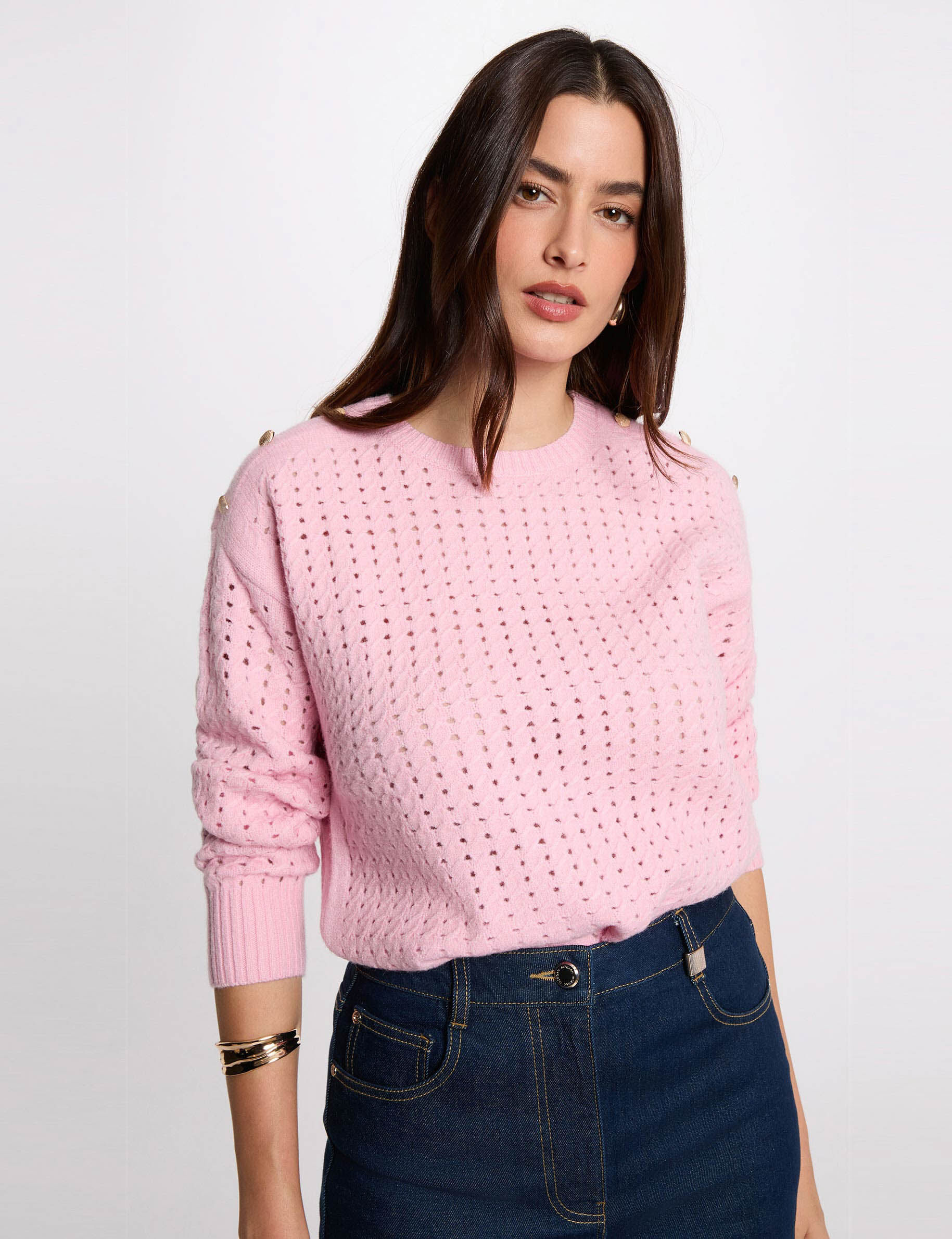 Sweater With Buttoned Shoulders Light Pink Women