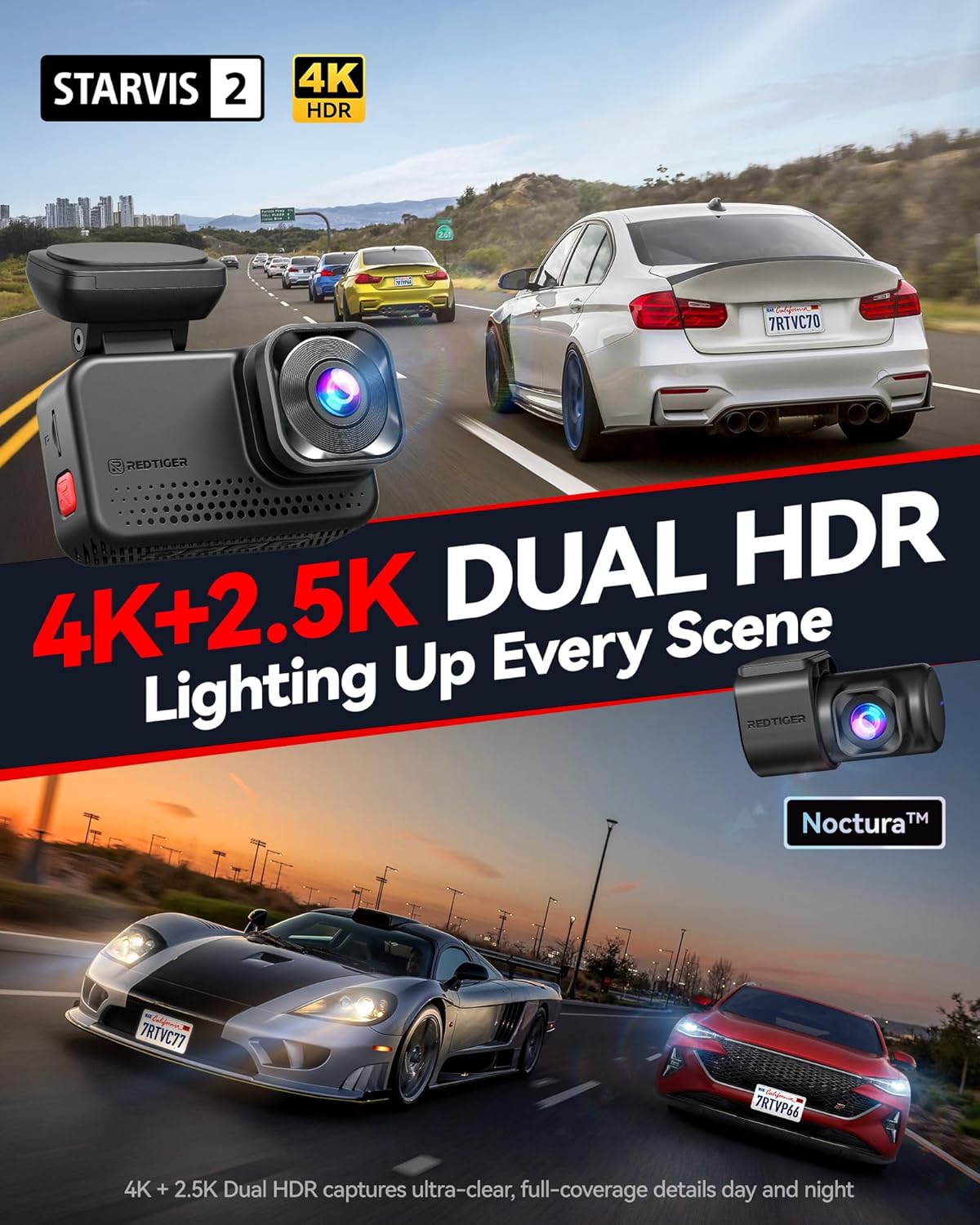 REDTIGER ViewClear 70 4K+2.5K Dash Cam Front and Rear  8MP STARVIS 2 IMX678 x Noctura™ Sensor  Dual HDR Hyper Night Clarity  5.8GHz WiFi 6  30MB/S Fast Download  Dash Camera with 24H Parking Monitor
