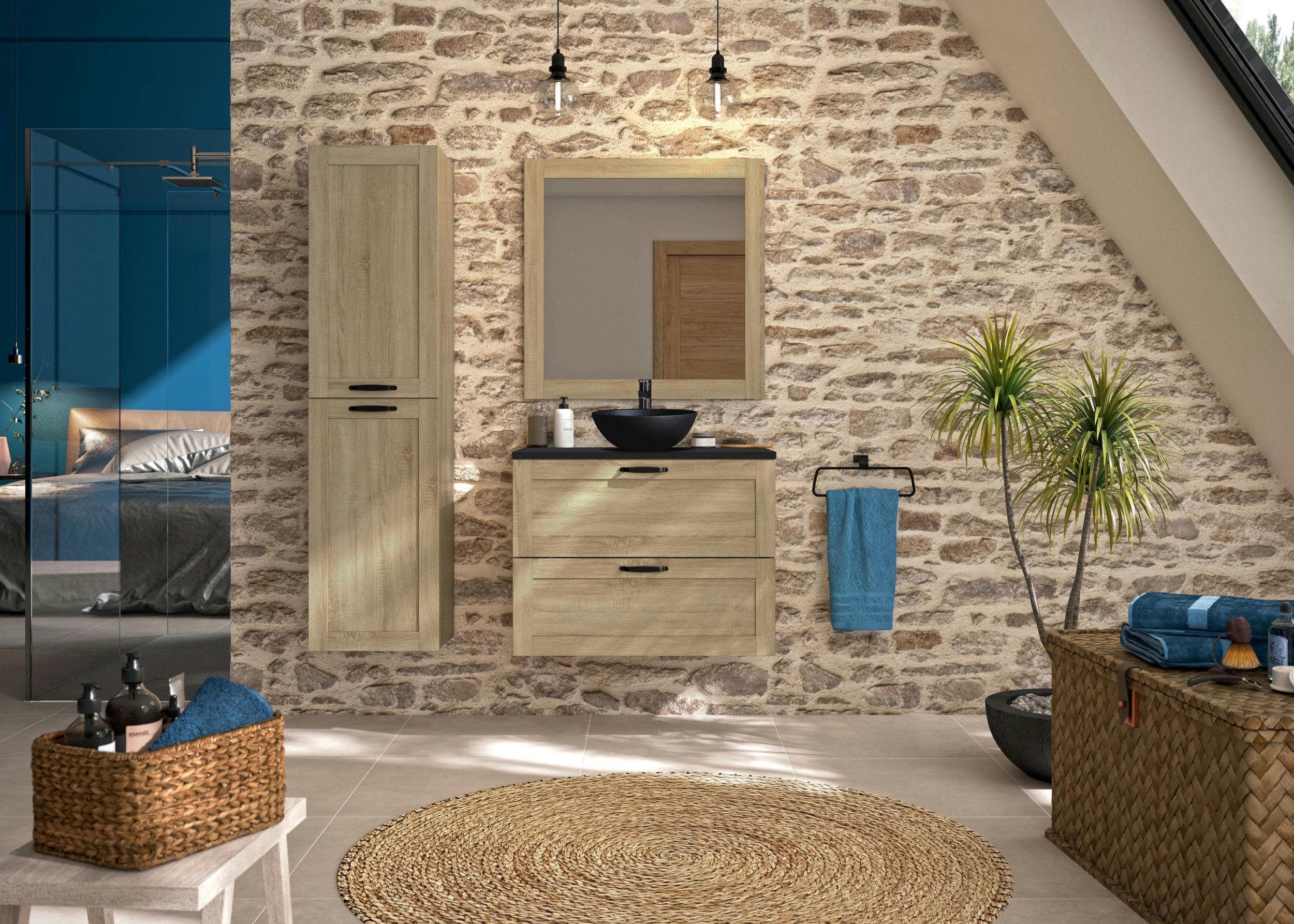 CAMBRIDGE - Meuble de salle de bain 80cm Chêne PPSM Meuble +  Plan Mélaminé