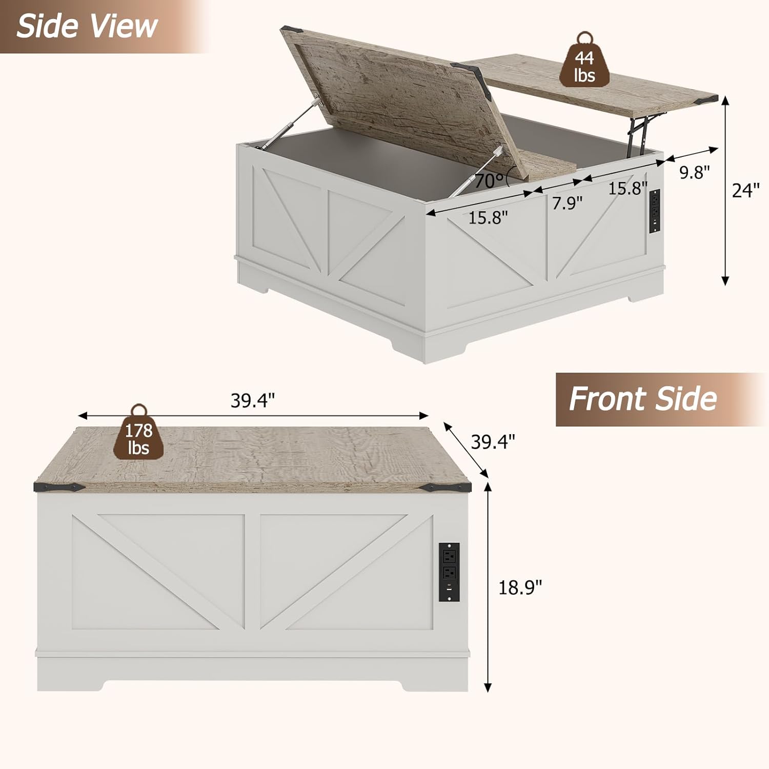 EAG 40 Large Farmhouse Lift Top Coffee Table with Hidden Compartment & Power Outlets, Square Wooden Coffee Table with Multi-Function Flip-Top Ample Storage Center Table for Living Room, White