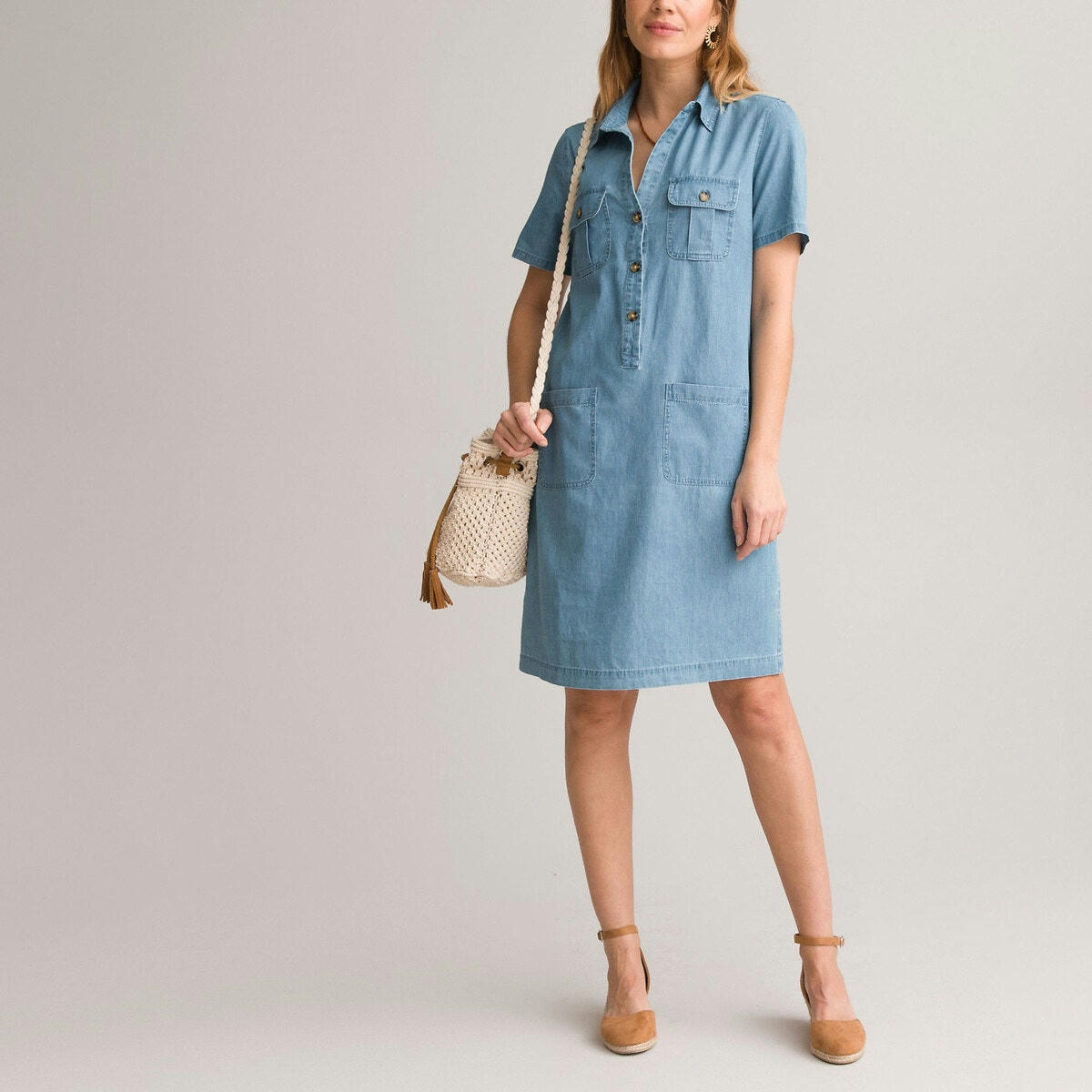 Robe droite, en denim, manches courtes