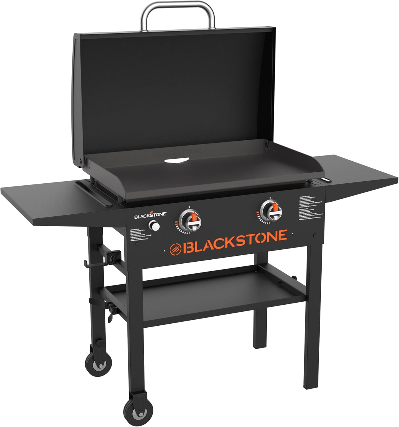 BLACKSTONE 1883 Original 28” Griddle with Integrated Protective Hood and Counter Height Side Shelves  Powder Coated Steel  Black