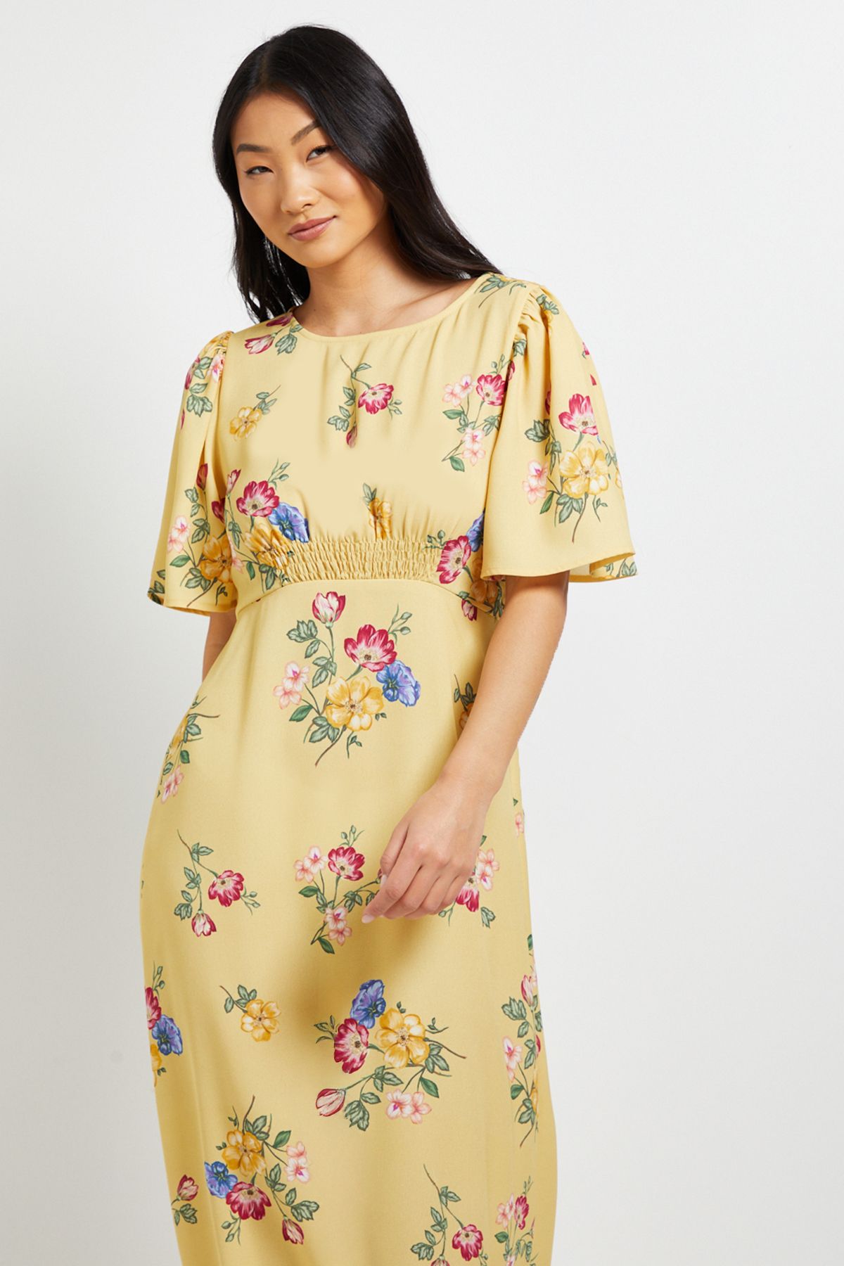 Dorothy Perkins Petite Flutter Sleeve Shirred Waist Midi Dress
