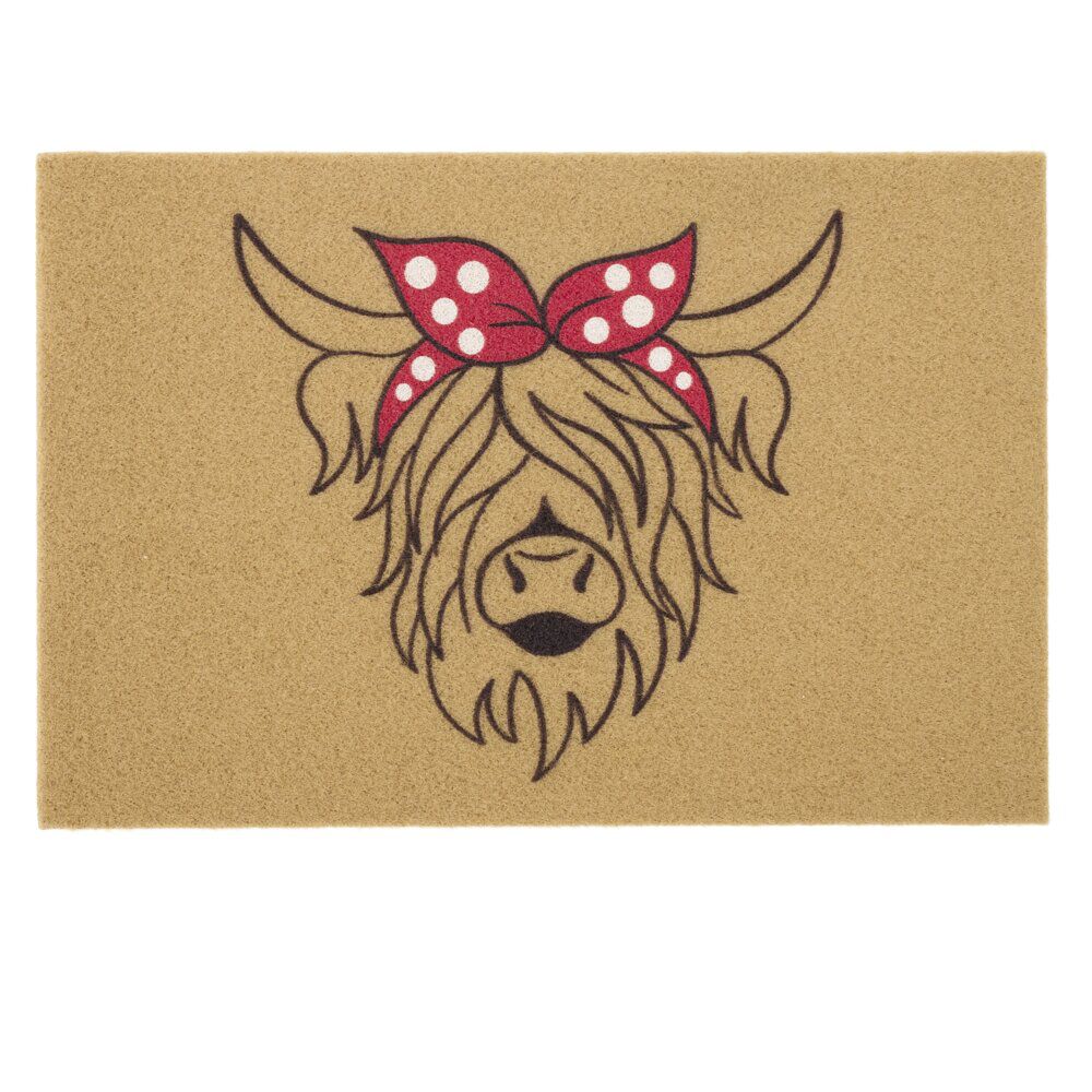 Paillasson motif vache Highland extérieur abrité marron et rouge 40x60cm