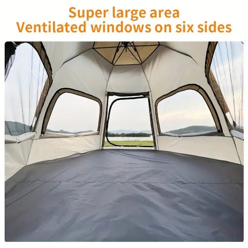 NNETM Hexagonal Fiberglass Pole Camping Tent - Silvery Glue Beige, 4-Person Capacity