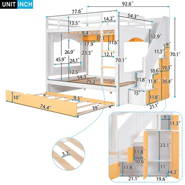 Full Over Full Bunk Bed with Trundle with Storage Cabinet