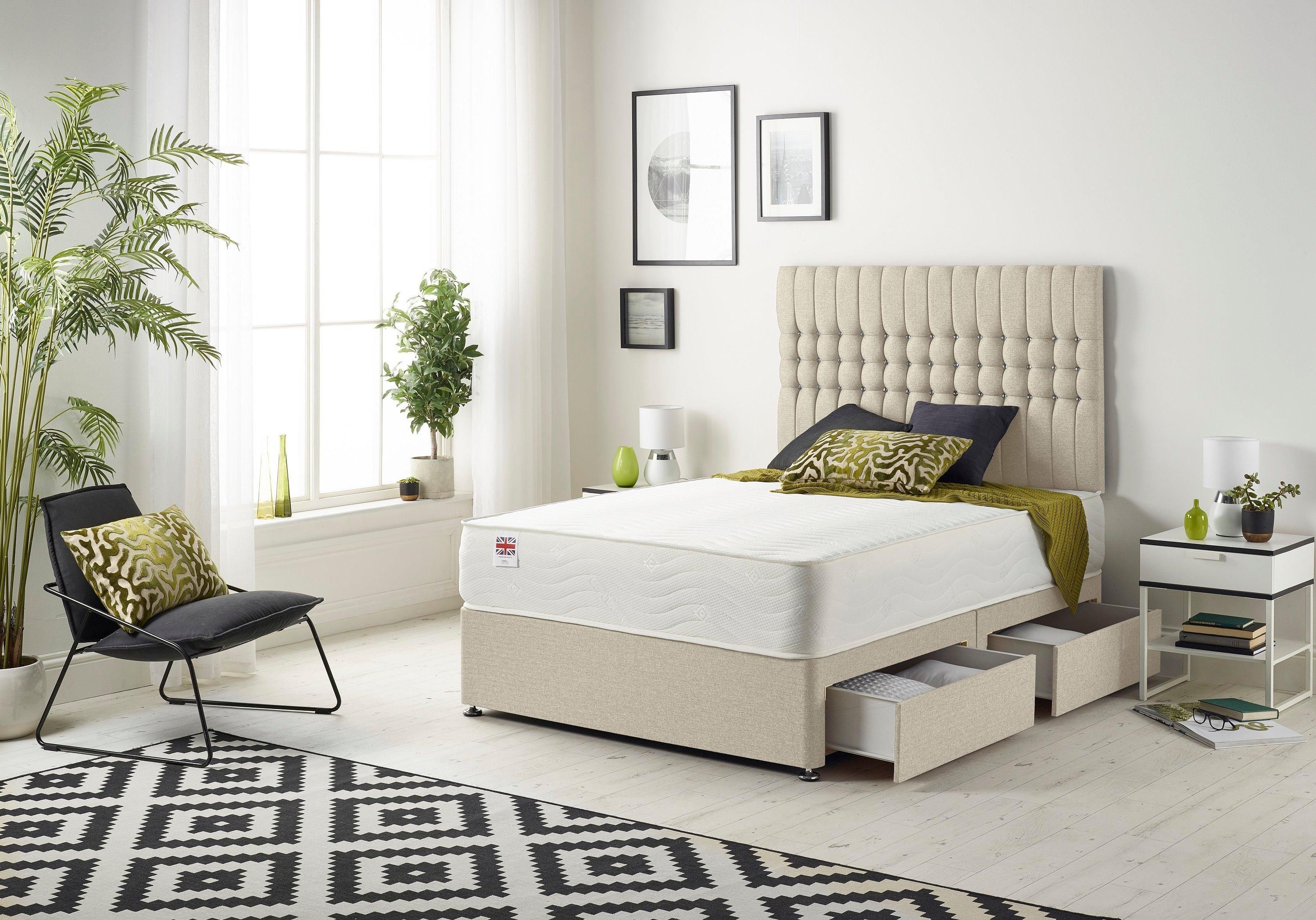 Somnior Galaxy Sprung Memory Foam 2 Drawer Divan Bed with Upholstered Headboard Tweed Fabric