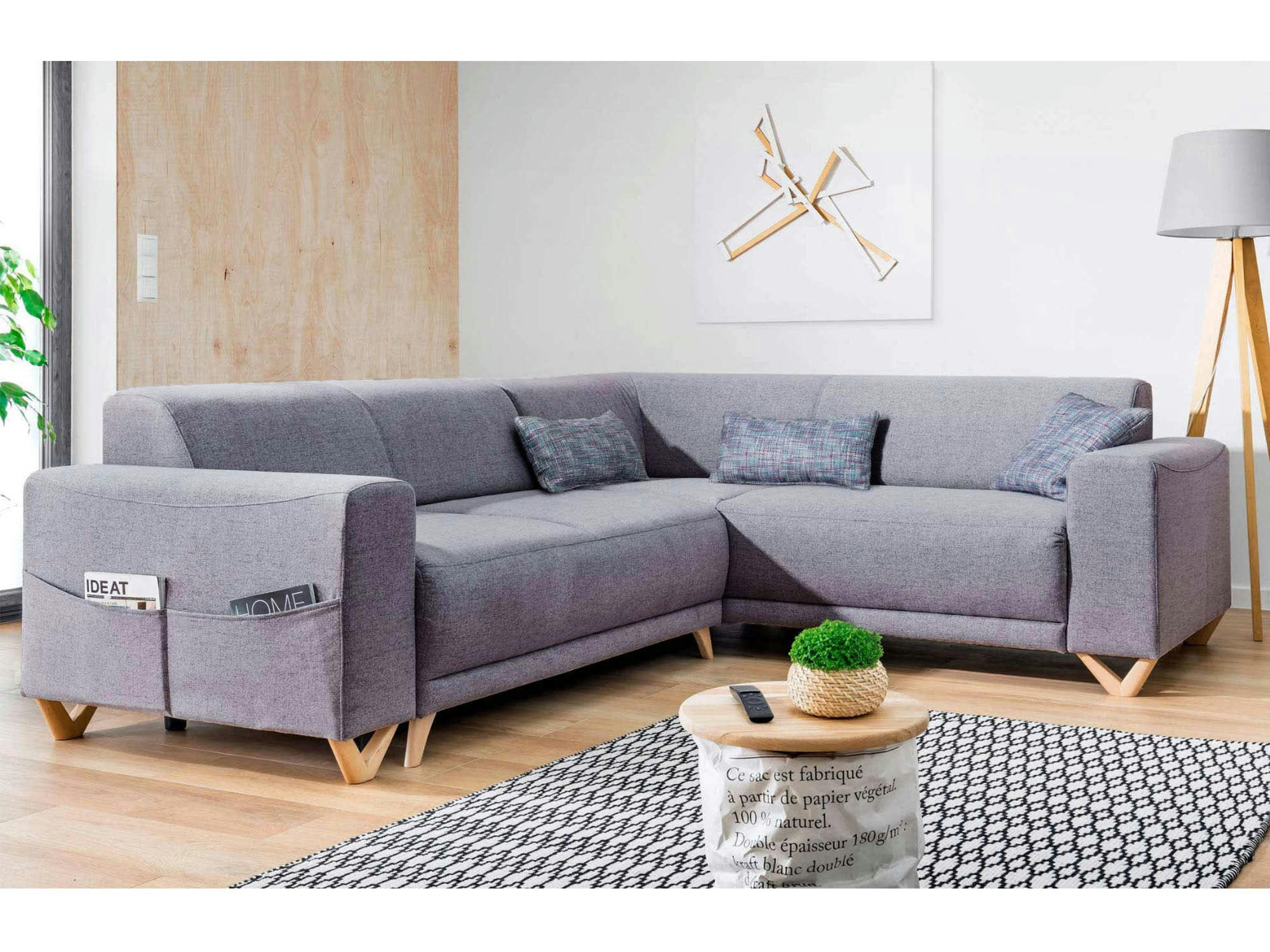 BELLA - Canapé panoramique 6 places angle droit en tissu gris foncé