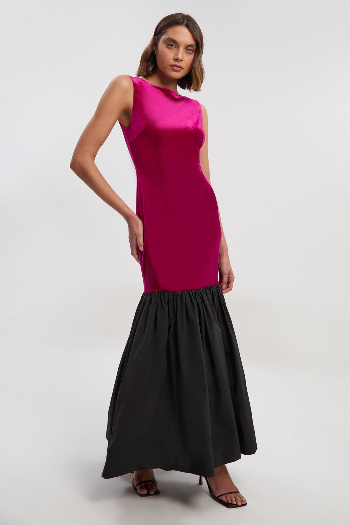 KarenMillen Petite Velvet Sleeveless Body With Taffeta Drop Waist Maxi Dress