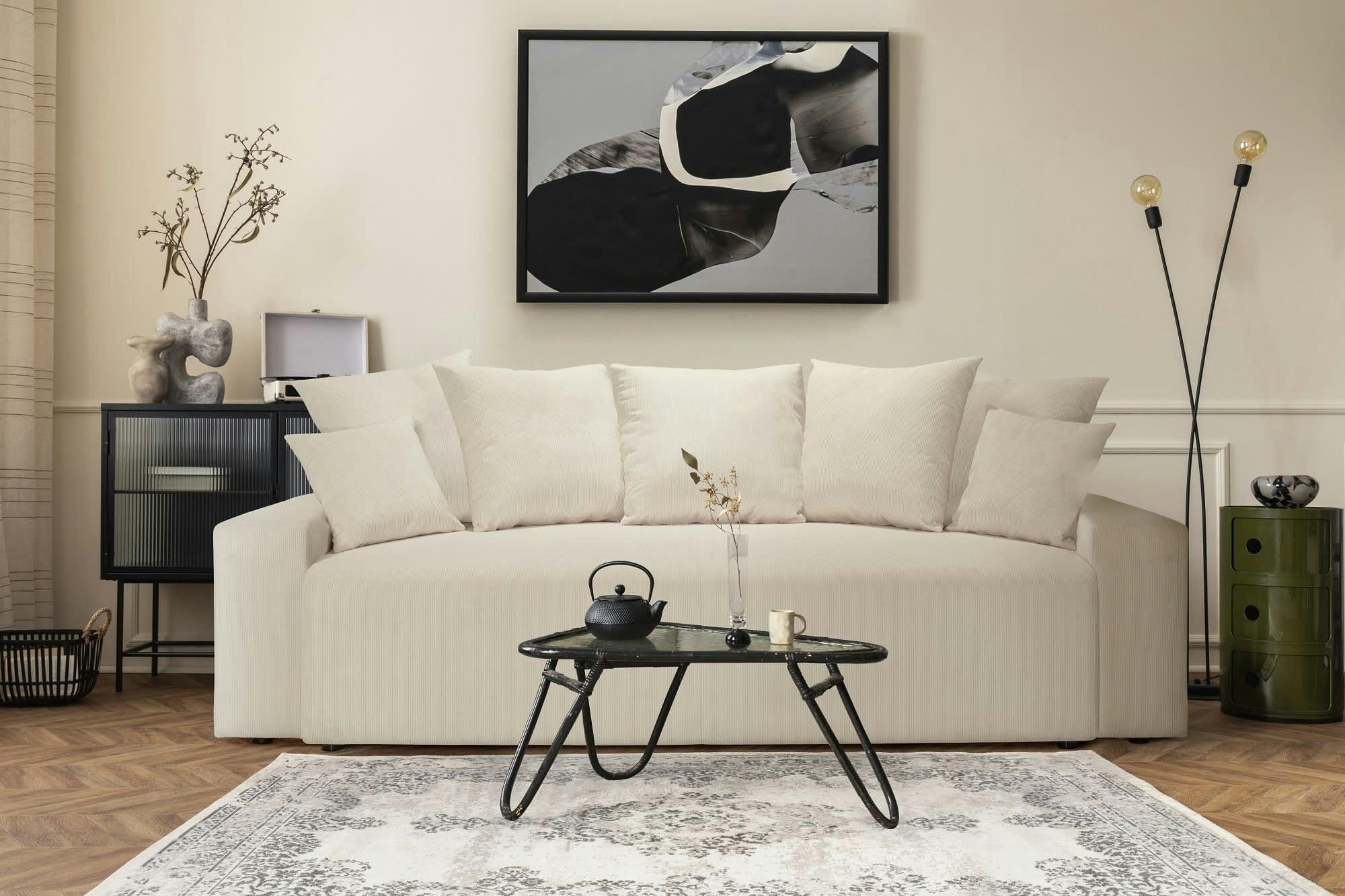 ARTHUR - Canapé droit convertible 3 places  en velours côtelé beige