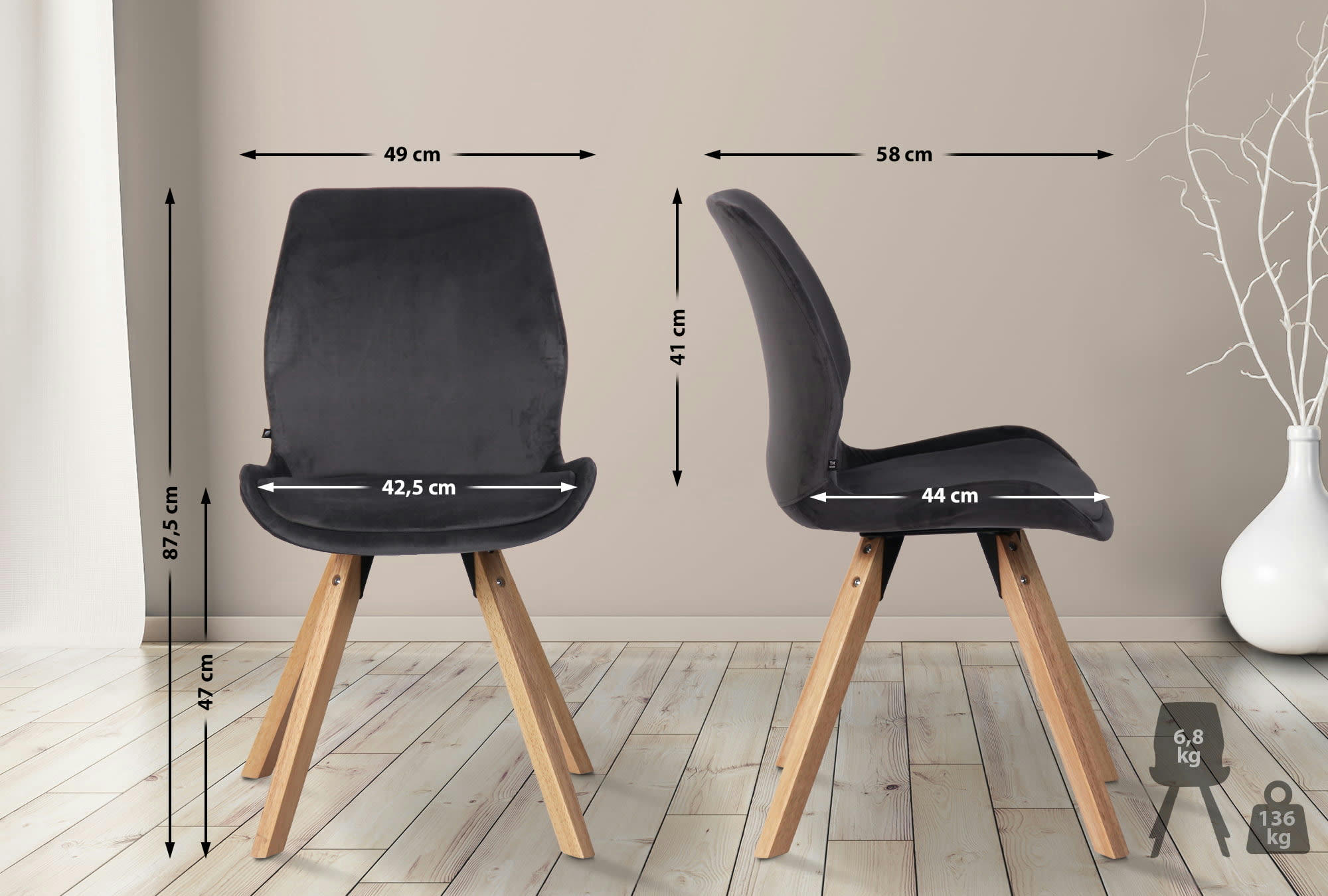 LUNA - Chaise avec pieds en bois en velours Gris foncé