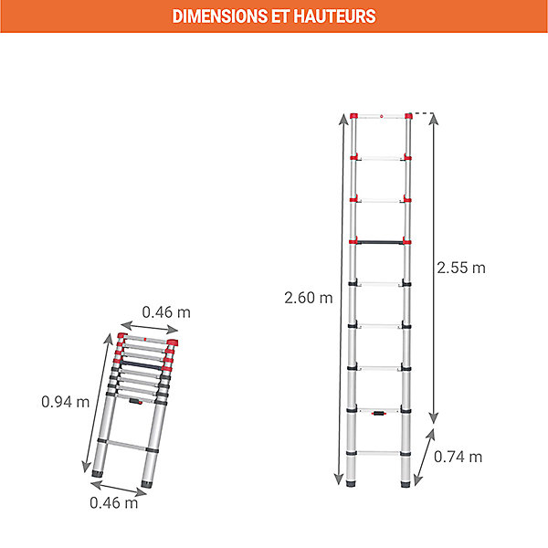 Echelle télescopique 9 échelons - Longueur 2.60m - Hauteur de travail max. 3.40m - 7113-092