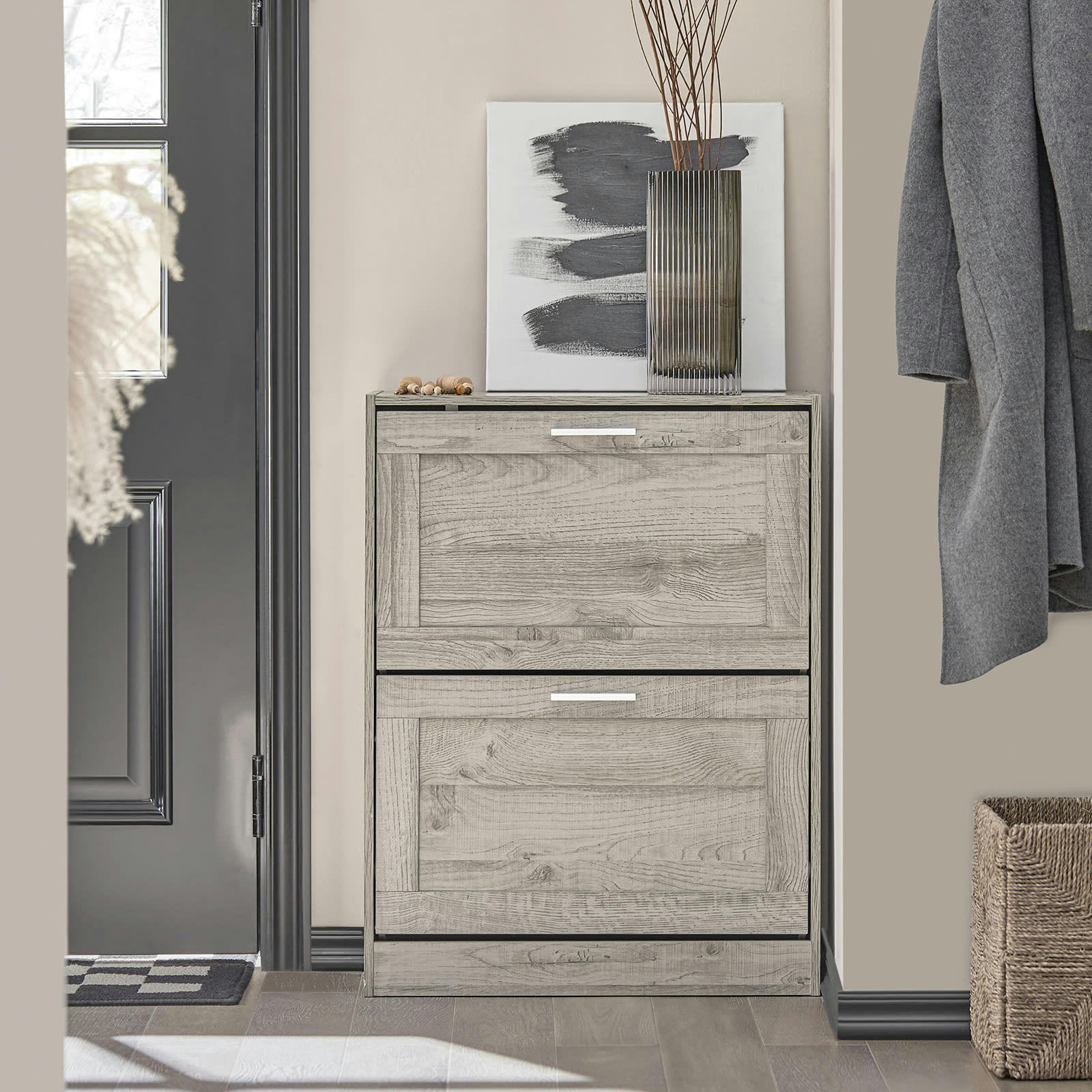 - Meuble à chaussures effet bois gris avec 2 abattants