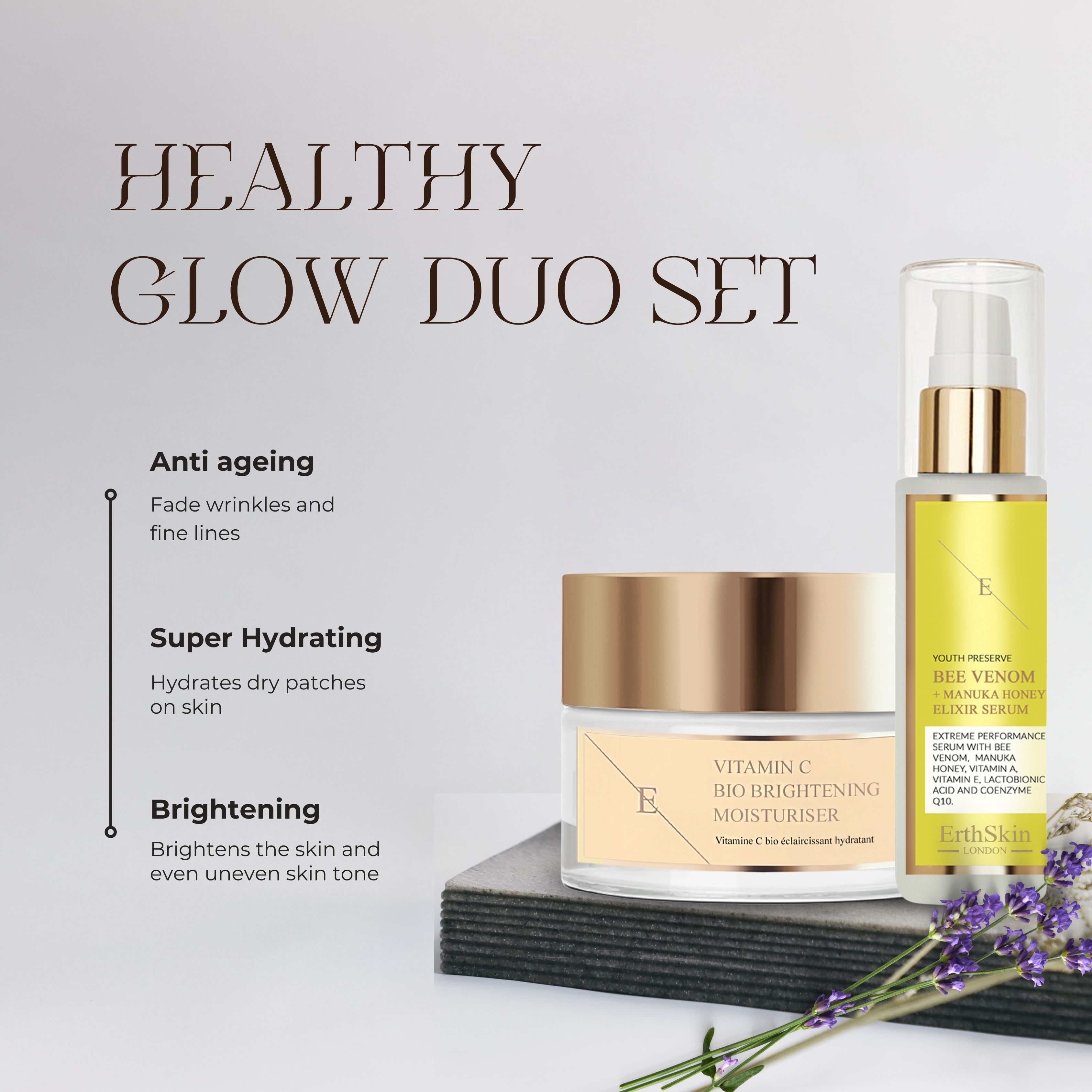 Erth Skin London Radiant Revival Duo Vitamin C Bio Brightening Moisturiser 50ml   Bee Venom & Manuka Honey Elixir Serum 60ml