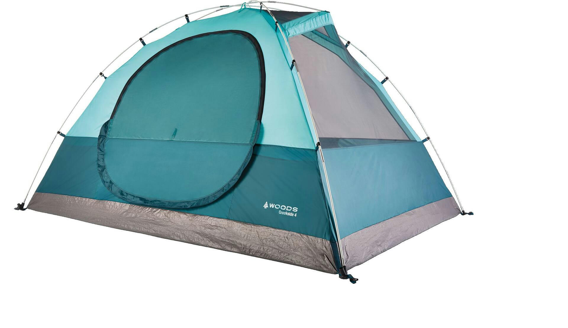 Woods Creekside 3-Season, 4-Person Camping Dome Tent w/ Canopy/Awning, Rain Fly & Carry Bag