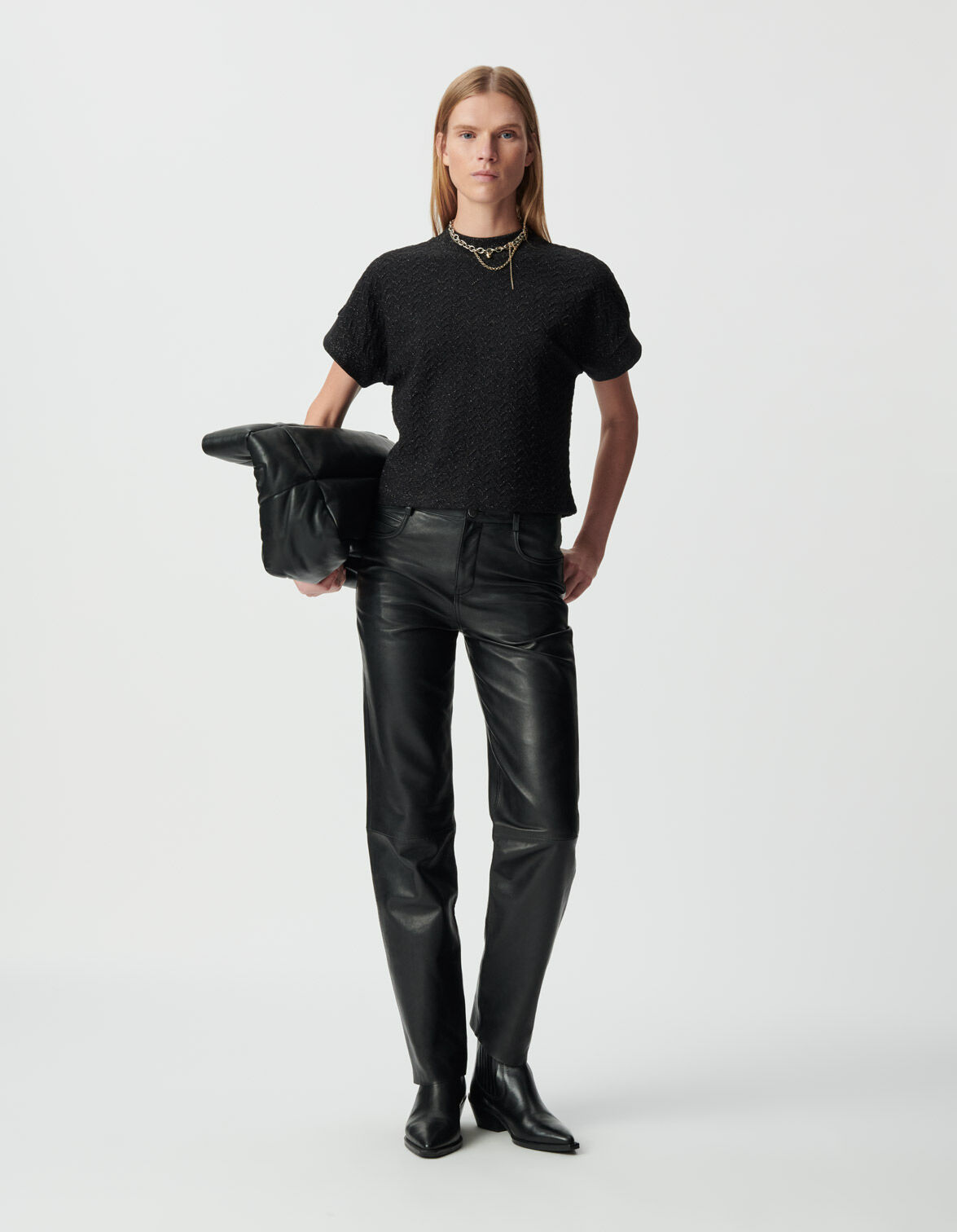 Tee-shirt manches courtes noir lurex maille ajourée Femme