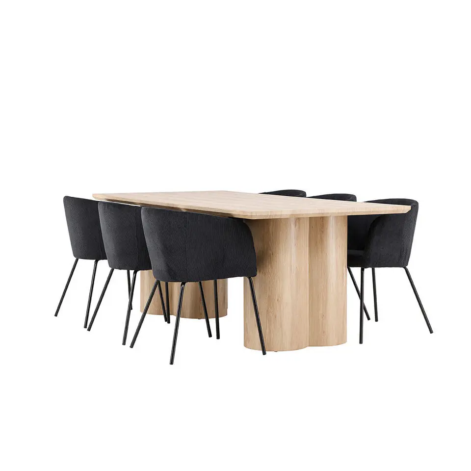 Hioshop Olivia eethoek tafel 100x210cm en 6 fluwelen stoelen met armleuningen