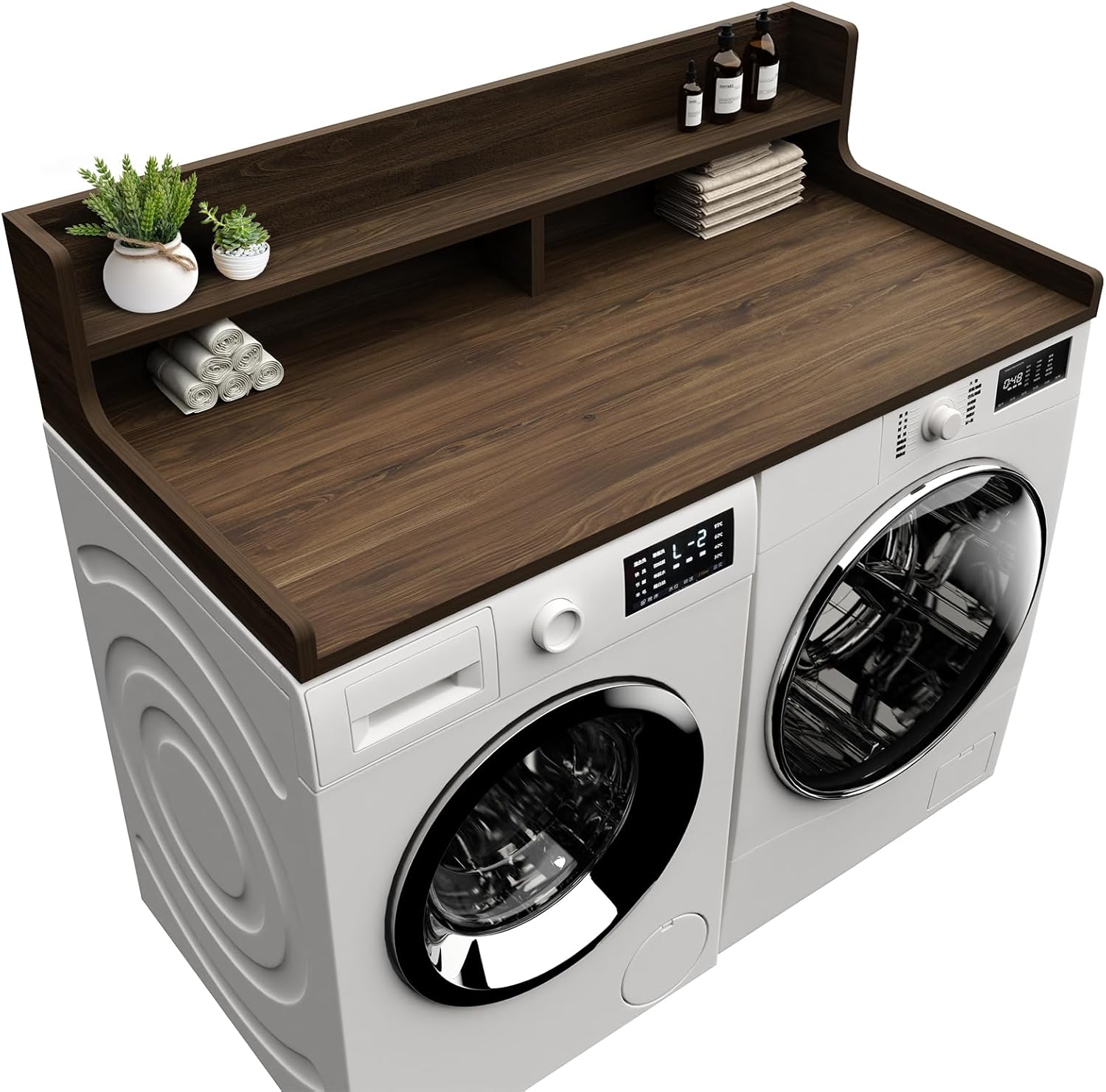 Washer Dryer Countertop, 54 x 27.55 2-Tier Washer Dryer Topper with Edge, for Laundry Room Organization Walnut Brown