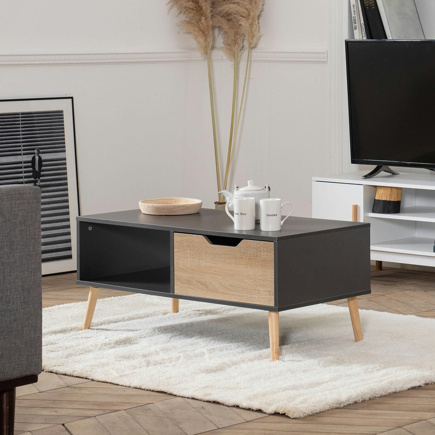 FREJA - Table basse style scandinave grise avec tiroir