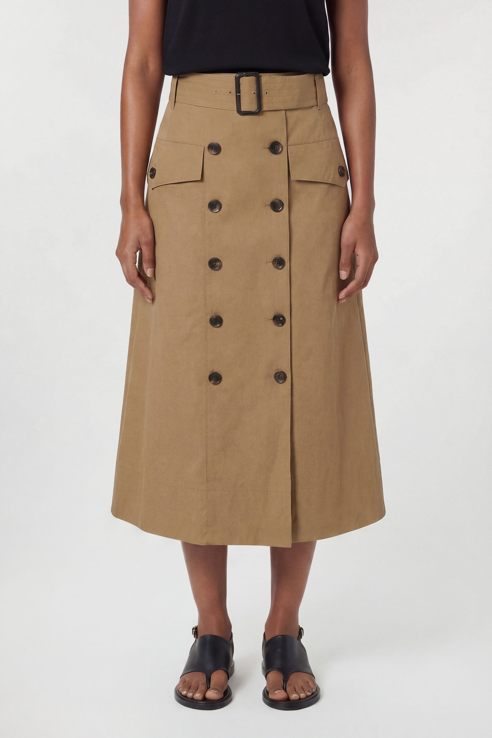 KarenMillen Tailored Cotton Trench Button Front Pleated Skirt