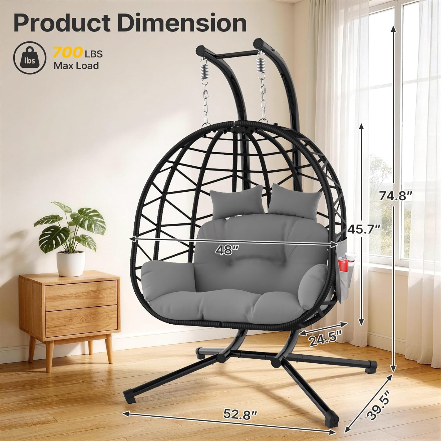 Suteck Double Hanging Egg Chair with Stand, Outdoor Indoor 2 Person Wicker Egg Swing Chair with Cushion, 700lbs Capacity for Patio, Bedroom, Garden - Black
