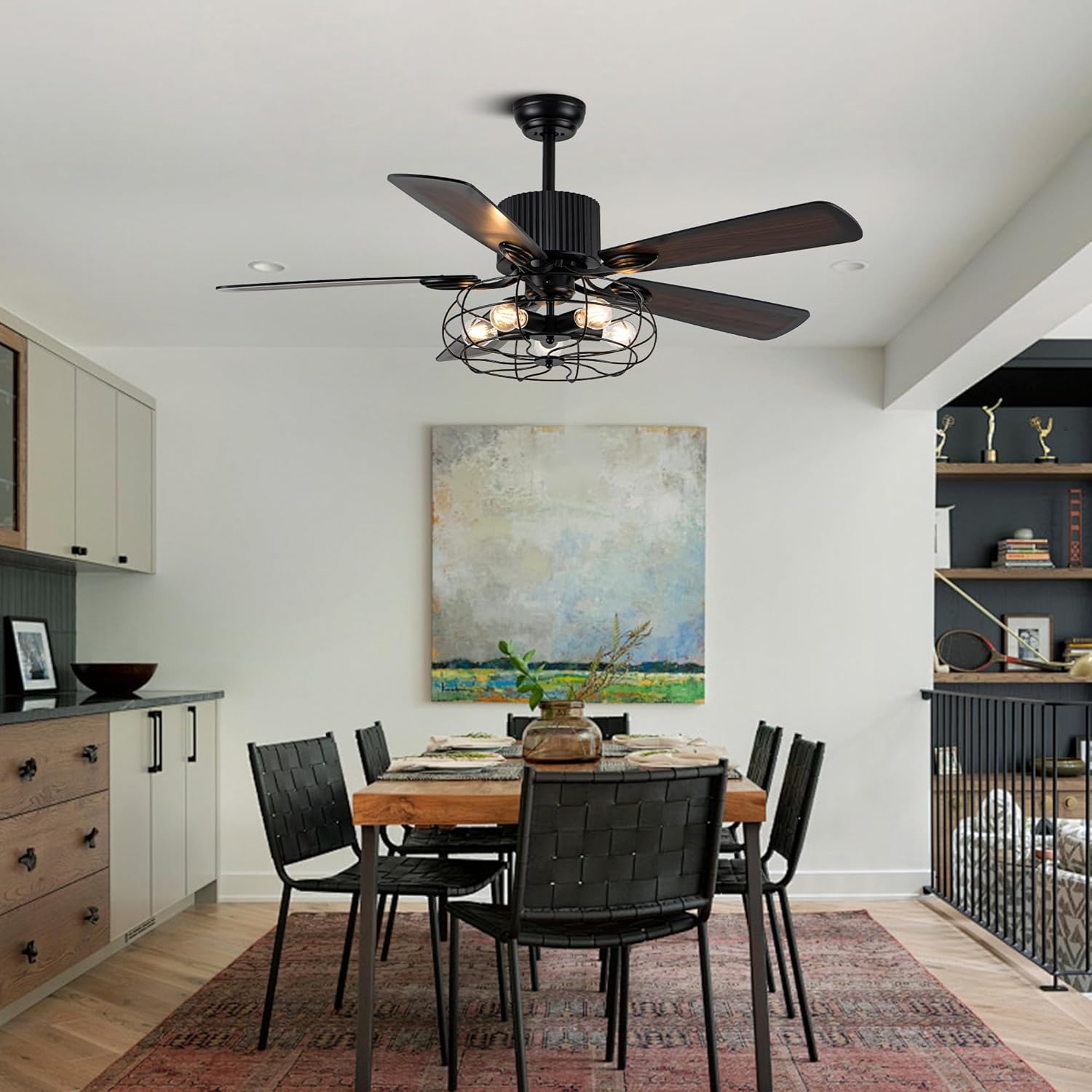 52 Farmhouse Ceiling Fans with Lights and Remote,Industrial Caged Rustic Retro Chandelier Ceiling Fan with Reversible Motor,5 Double Colour Blades for Dining Room Living Room Bedroom